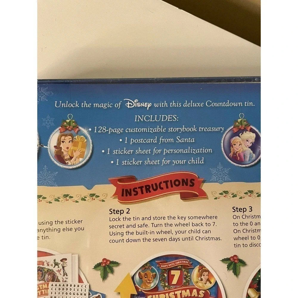 Disney NEW Christmas 7 Day Countdown Tin With Lock Activities Stickers Set